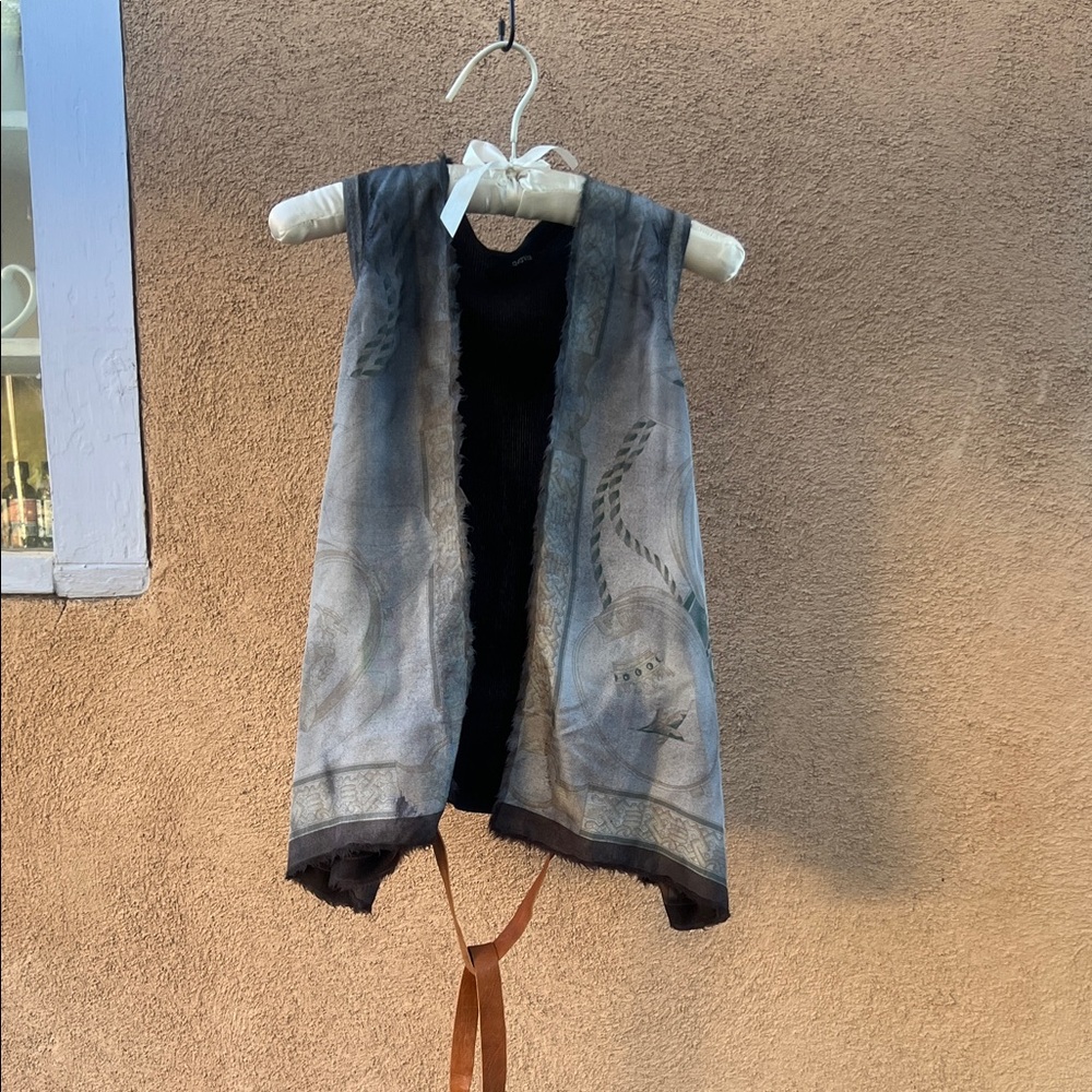 Avant toi Black and Gray silk vest with leather tie.